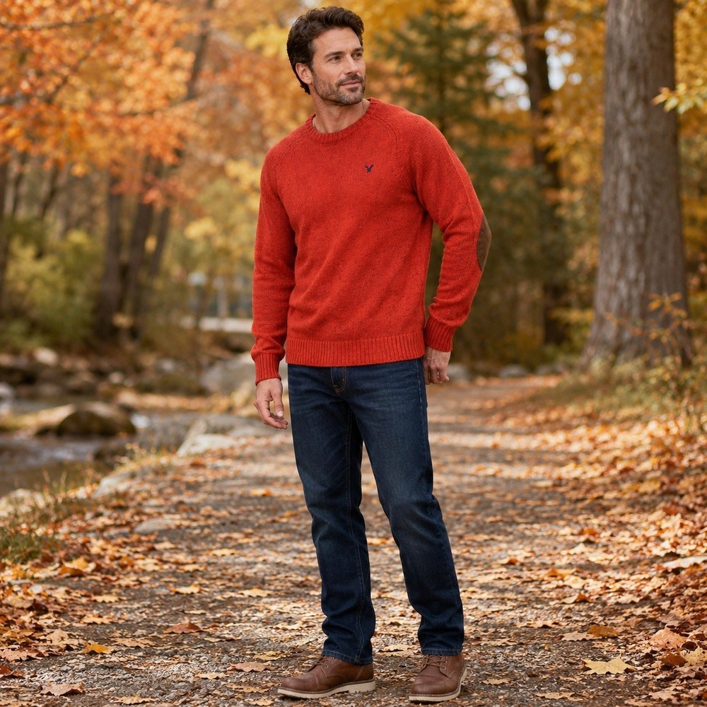 American Eagle Mens Athletic Fit Rust Red Flecked Sweater Elbow Patches Large